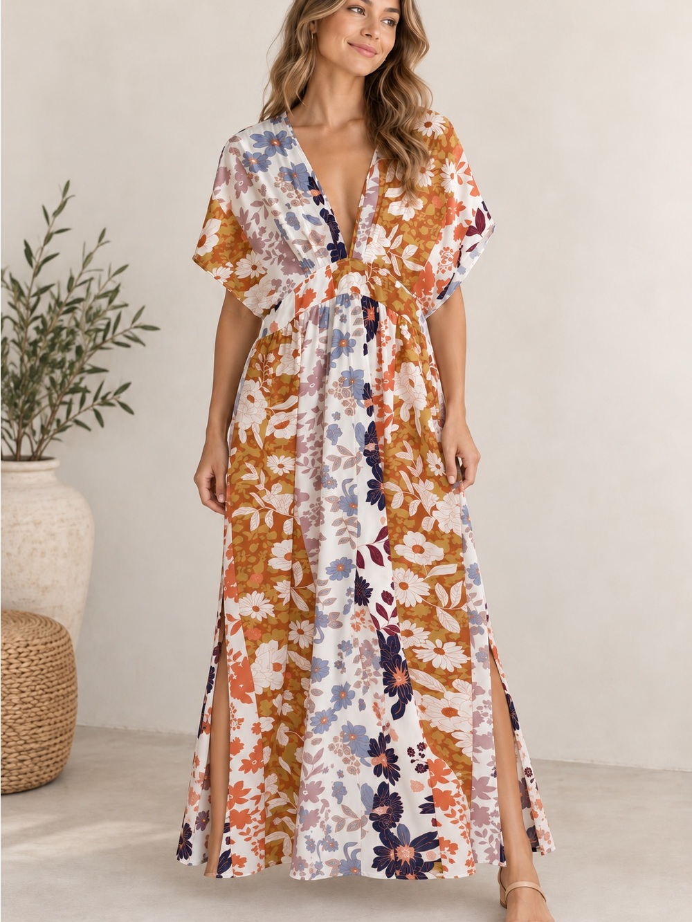 Deep V Floral Maxi Dress in Multi-Color